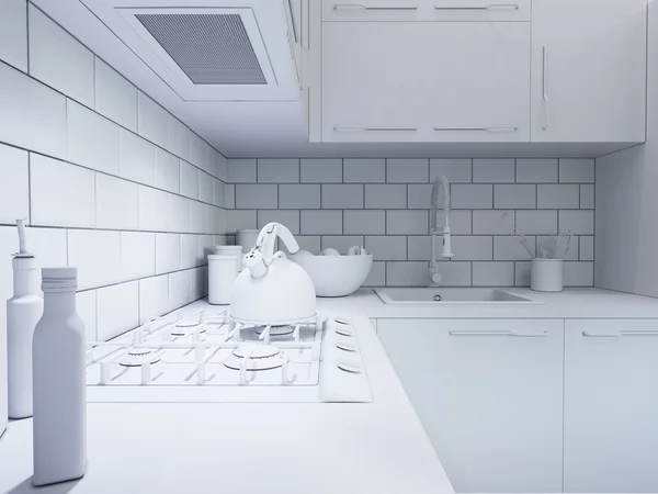 Wystrój kuchni 3D renderowania. Projektowanie wnętrz w nowoczesnym stylu — Zdjęcie stockowe