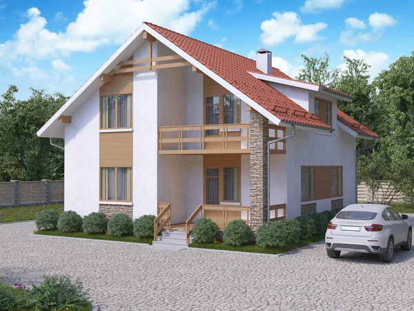 Özel banliyö, iki katlı bir evde modern bir st 3D render — Stok fotoğraf