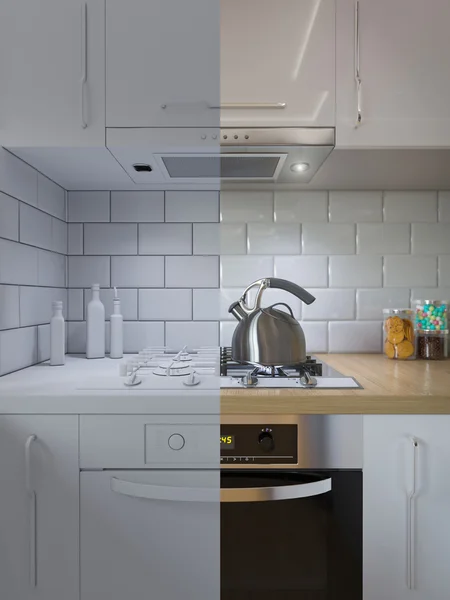 Décor de cuisine rendu 3d. Design d'intérieur dans un style moderne — Photo