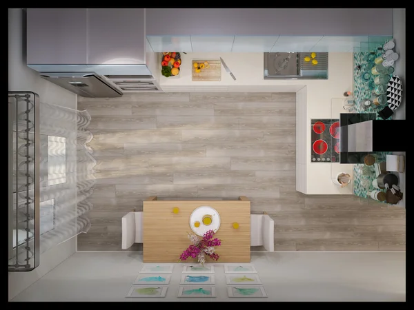 การออกแบบการแสดงผล 3D ภายในห้องครัวสมัยใหม่ — ภาพถ่ายสต็อก