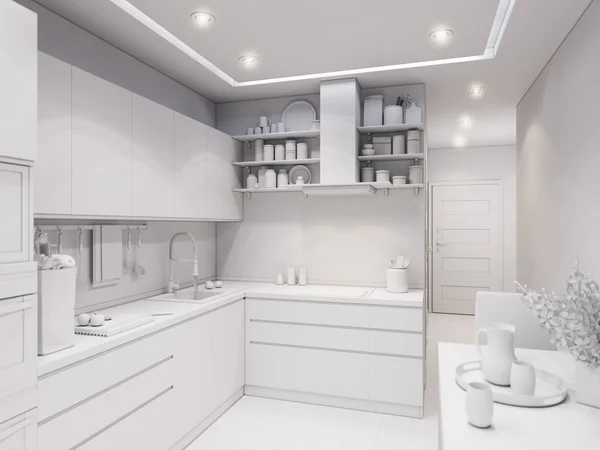 3D renderowania projektowania wnętrz nowoczesnej kuchni — Zdjęcie stockowe