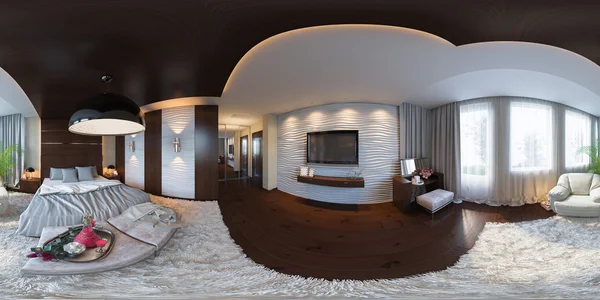 Ilustración 3d panorama sin costuras de diseño de interiores dormitorio . — Foto de Stock