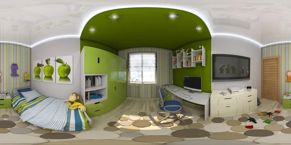 3d 그림 구형 360도, 어린이 방 인테리어 디자인의 완벽 한 파노라마. — 스톡 사진