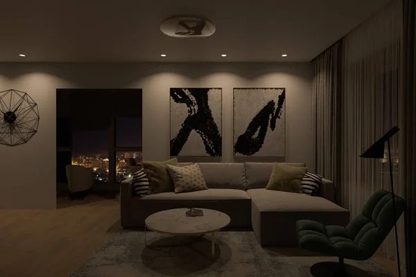 3D-Darstellung eines modernen Wohnzimmerdesigns mit dekorativer Beleuchtung des Innenraums und Gemälden an der Wand — Stockfoto