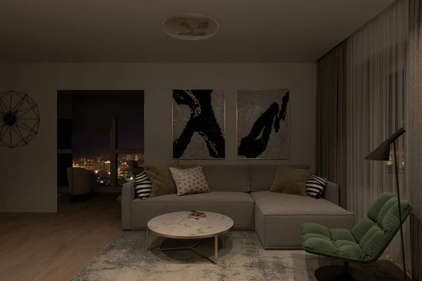 装飾照明付きのモダンなリビングルームのデザインの3Dイラスト — ストック写真