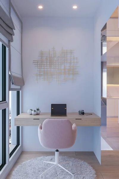 フリーランスのためのホームオフィスを持つ都市のアパートの3Dイラストインテリアデザイン — ストック写真