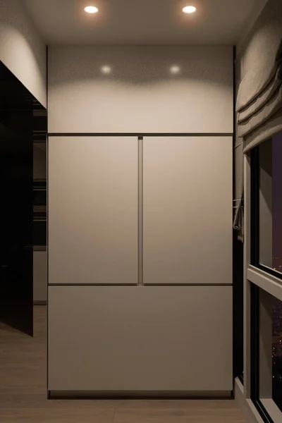 3d render konyhaszekrény kávéfőző, éjszakai belső háttér. Modern belsőépítészet — Stock Fotó
