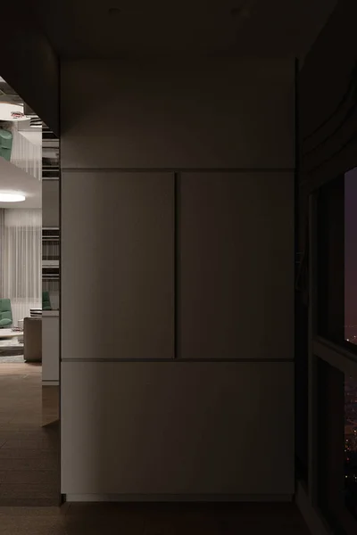 3d renderizado de un gabinete de cocina para hacer café, fondo interior de noche. Diseño interior moderno —  Fotos de Stock