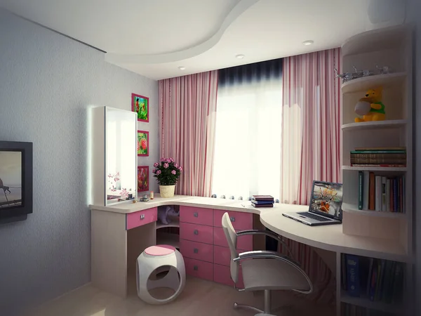 3d ilustración concepto de diseño de interiores de un dormitorio para niños para una niña — Foto de Stock