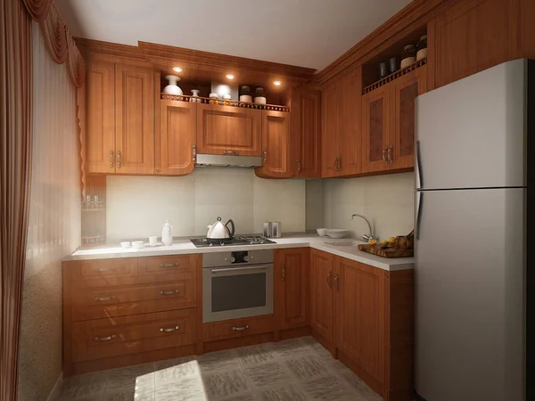 Ilustrasi 3d untuk latar belakang dan presentasi. Desain kabinet dapur dalam gaya kolonial klasik. — Stok Foto