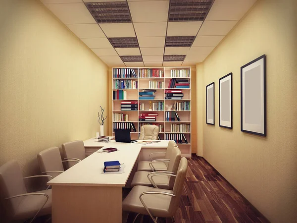 3D-illustration av kontorsinredning. Begreppet kontor i stil med minimalism — Stockfoto