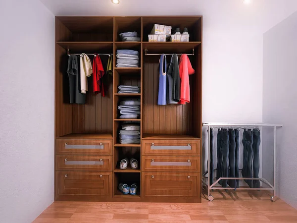 3D-weergave van de kleedkamer in de grote slaapkamer. Continentale stijl garderobe interieur — Stockfoto