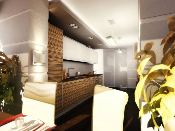 Illustration 3D d'une cuisine moderne dans un appartement. Cuisine avec armoires sombres en bas et armoires lumineuses en haut. — Photo