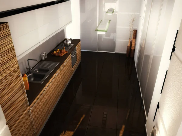 Ilustração 3d de uma cozinha moderna em um apartamento. Cozinha com armários escuros abaixo e armários de luz na parte superior. — Fotografia de Stock