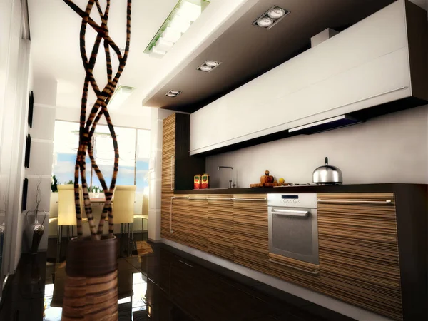 3D ilustracja nowoczesnej kuchni w mieszkaniu. Kuchnia z ciemnymi szafkami na dole i lekkie szafki na górze. — Zdjęcie stockowe