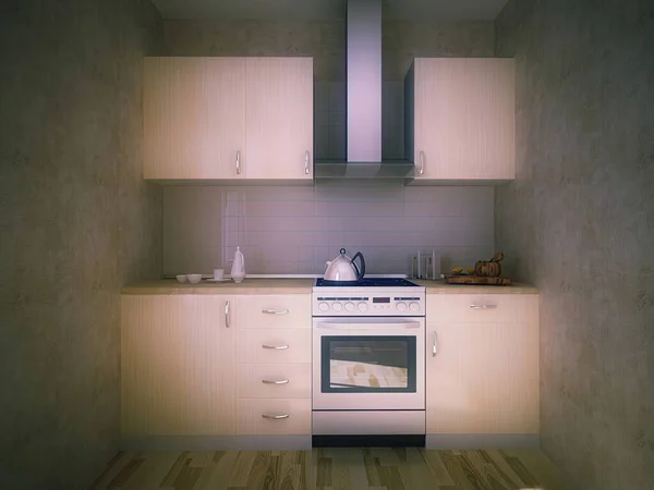 3d иллюстрация концепции небольшой кухни в квартире для аренды. Мини-кухня в маленькой квартире — стоковое фото