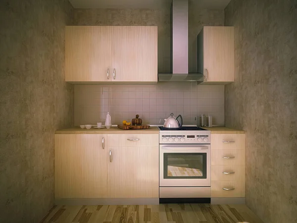 3d ilustración del concepto de una pequeña cocina en un apartamento para alquilar. Mini cocina en un pequeño apartamento — Foto de Stock
