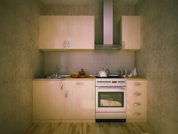 3D illusztráció a koncepció egy kis konyha egy lakásban bérbeadás. Mini konyha egy kis lakásban — Stock Fotó