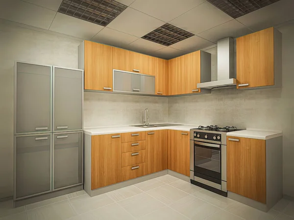 3D ilustracja nowoczesnej koncepcji projektowania kuchni w tradycyjnym stylu. Wnętrze kuchni w jasnych kolorach. — Zdjęcie stockowe