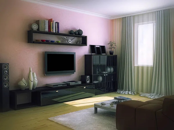 3d render a belső kialakítás a nappali modern stílusban. Belső 3d illusztráció fali tv rendszerrel — Stock Fotó