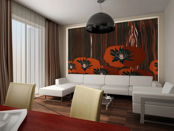 3D illusztráció a modern lakás belsőépítészeti. A kombinált tér a konyha és a nappali — Stock Fotó