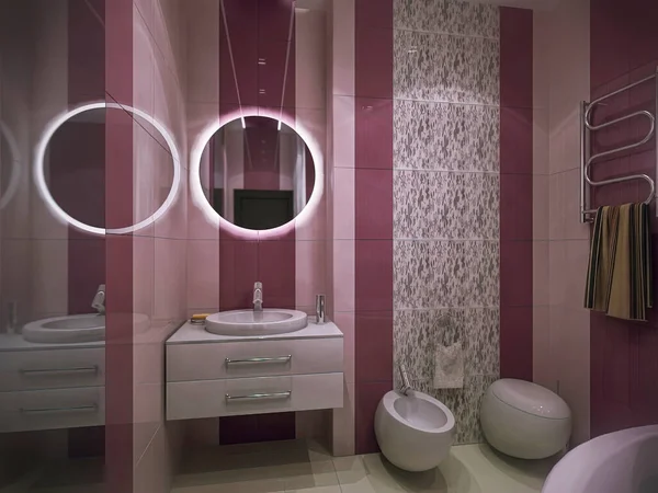 3d illustratie van een badkamer in roze kleuren. Badkamer interieur concept voor presentatie en ideeën. — Stockfoto