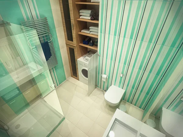 3d ilustrasi desain interior kamar mandi dengan shower. Konsep kamar mandi dalam warna mint — Stok Foto