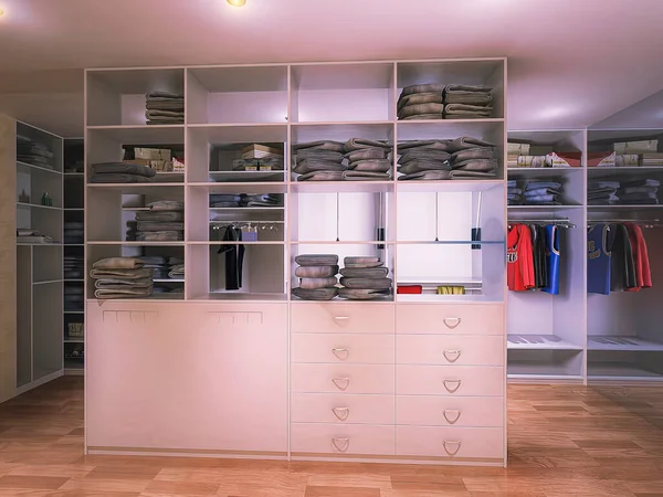私人住宅更衣室的3D插图 衣柜的室内设计具有现代风格 列报的设计概念 — 图库照片