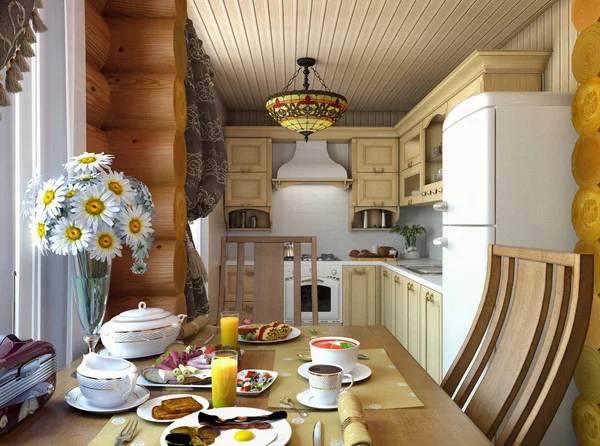 Cucina in legno telaio casa — Foto Stock