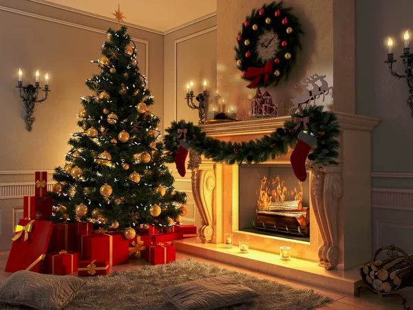 Nuevo interior con árbol de Navidad, regalos y chimenea. Tarjeta postal . — Foto de Stock