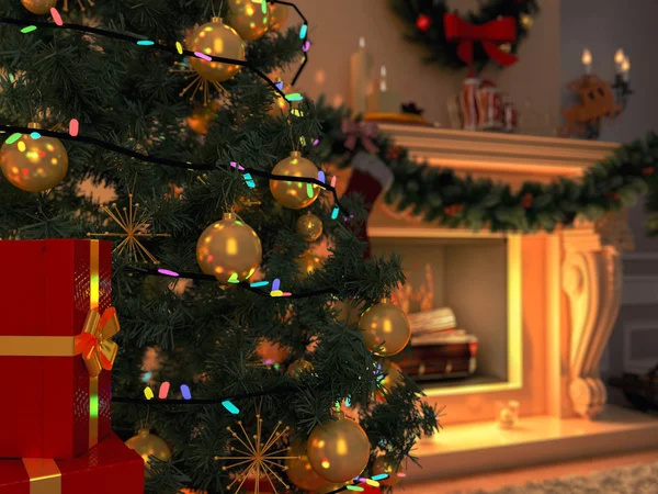 Nuevo interior con árbol de Navidad, regalos y chimenea. Tarjeta postal . — Foto de Stock