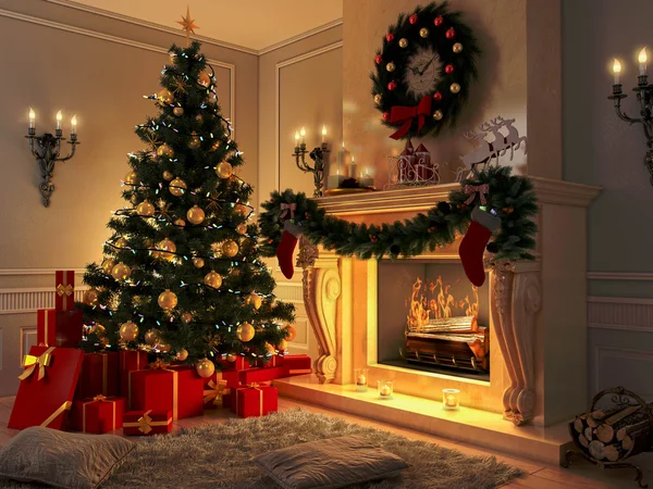 Nieuw interieur met kerstboom, presenteert en open haard. Briefkaart. — Stockfoto