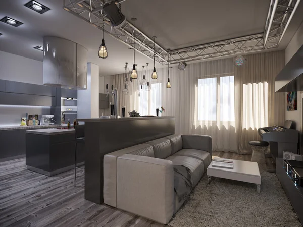 Projektowanie wnętrz pokój dzienny z kuchnią — Zdjęcie stockowe