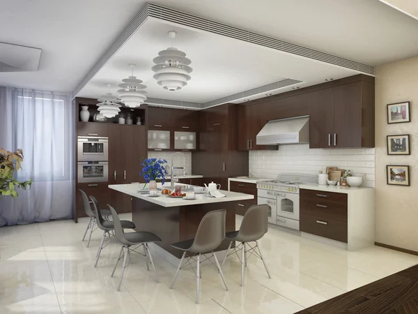 Rendering 3d della cucina moderna in una casa privata — Foto Stock