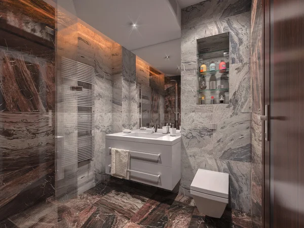 Cuarto de baño en piedra gris y marrón con baño blanco — Foto de Stock