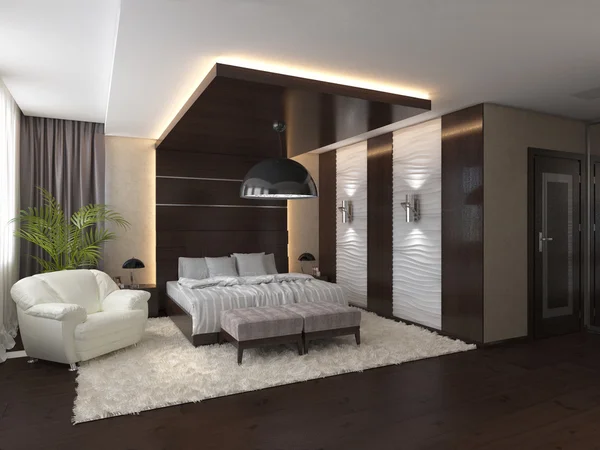 Schlafzimmer in einem Privathaus in braunen und beigen Farben — Stockfoto