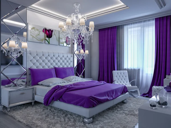 3D-rendering slaapkamer in grijze en witte tinten met paarse accenten — Stockfoto