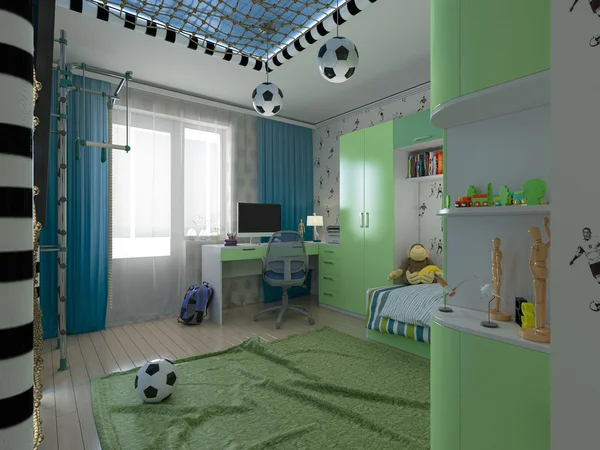 3D-s megjelenítést, a gyermek szobájában egy fiatal labdarúgó — Stock Fotó