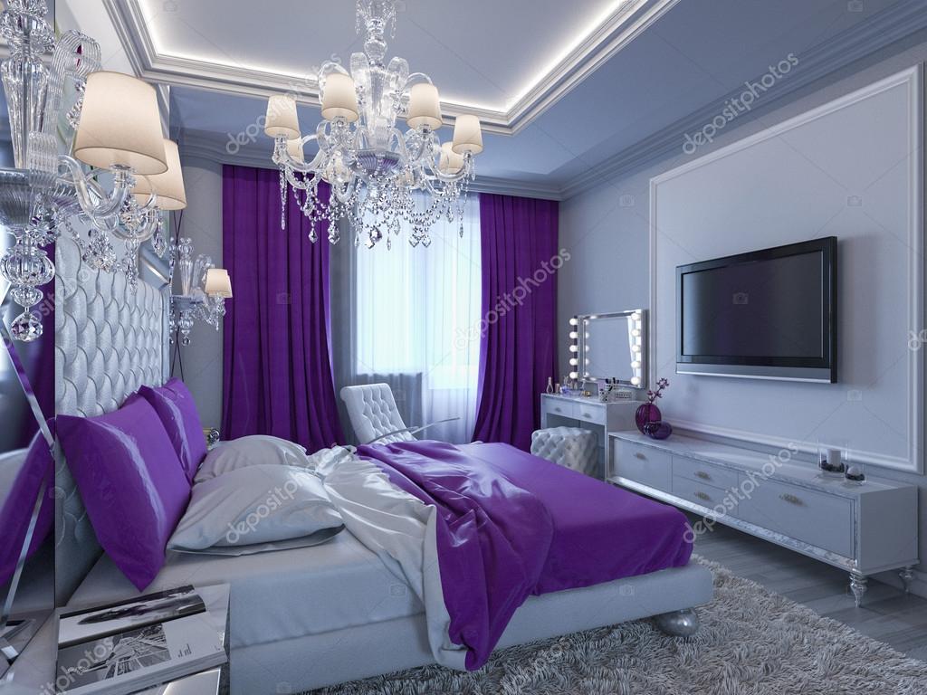 3d rendering hálószoba, szürke és fehér tónusok a lila árnyalattal ... Hálószoba lila