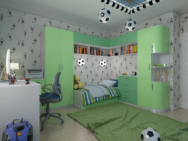 Visualização 3D do quarto de uma criança um jovem jogador de futebol — Fotografia de Stock