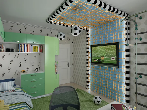 Visualização 3D do quarto de uma criança um jovem jogador de futebol — Fotografia de Stock