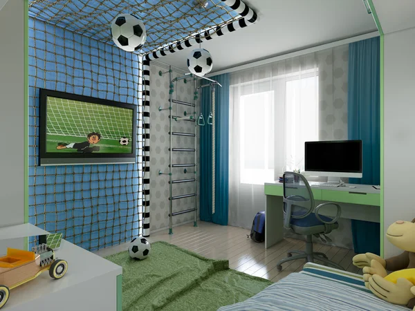 Visualização 3D do quarto de uma criança um jovem jogador de futebol — Fotografia de Stock