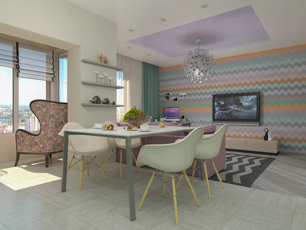 Ilustração 3d de pequenos apartamentos em cores pastel . — Fotografia de Stock