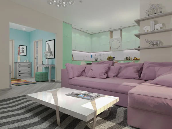 Illustration 3D de petits appartements aux couleurs pastel . — Photo