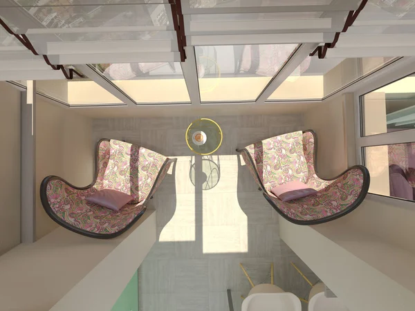 3D obrázek malých bytů v pastelových barvách. Balkon — Stock fotografie