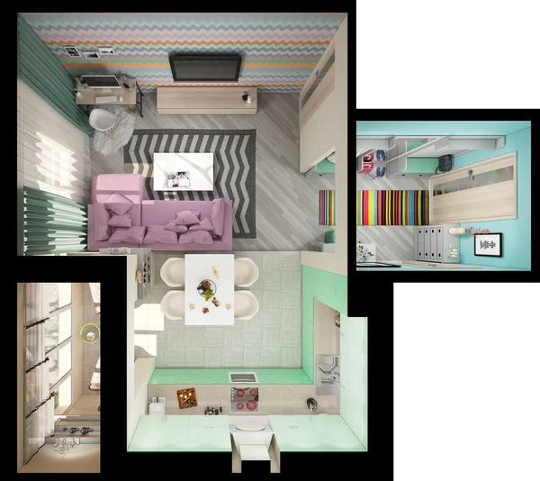 柔和的颜色的小公寓三维图. — 图库照片