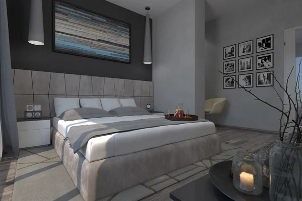 Yatak odaları çağdaş bir tarzda 3D çizimi — Stok fotoğraf