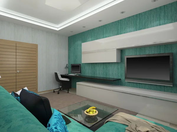 3D-Abbildung eines Wohnzimmers in türkisfarbener Farbe — Stockfoto