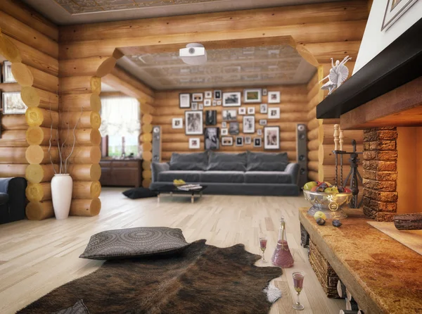 3d representación de una sala de estar en la casa de troncos —  Fotos de Stock