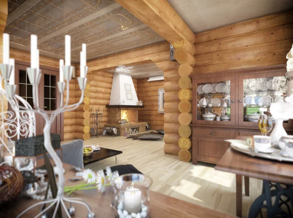 3d representación de una sala de estar en la casa de troncos —  Fotos de Stock